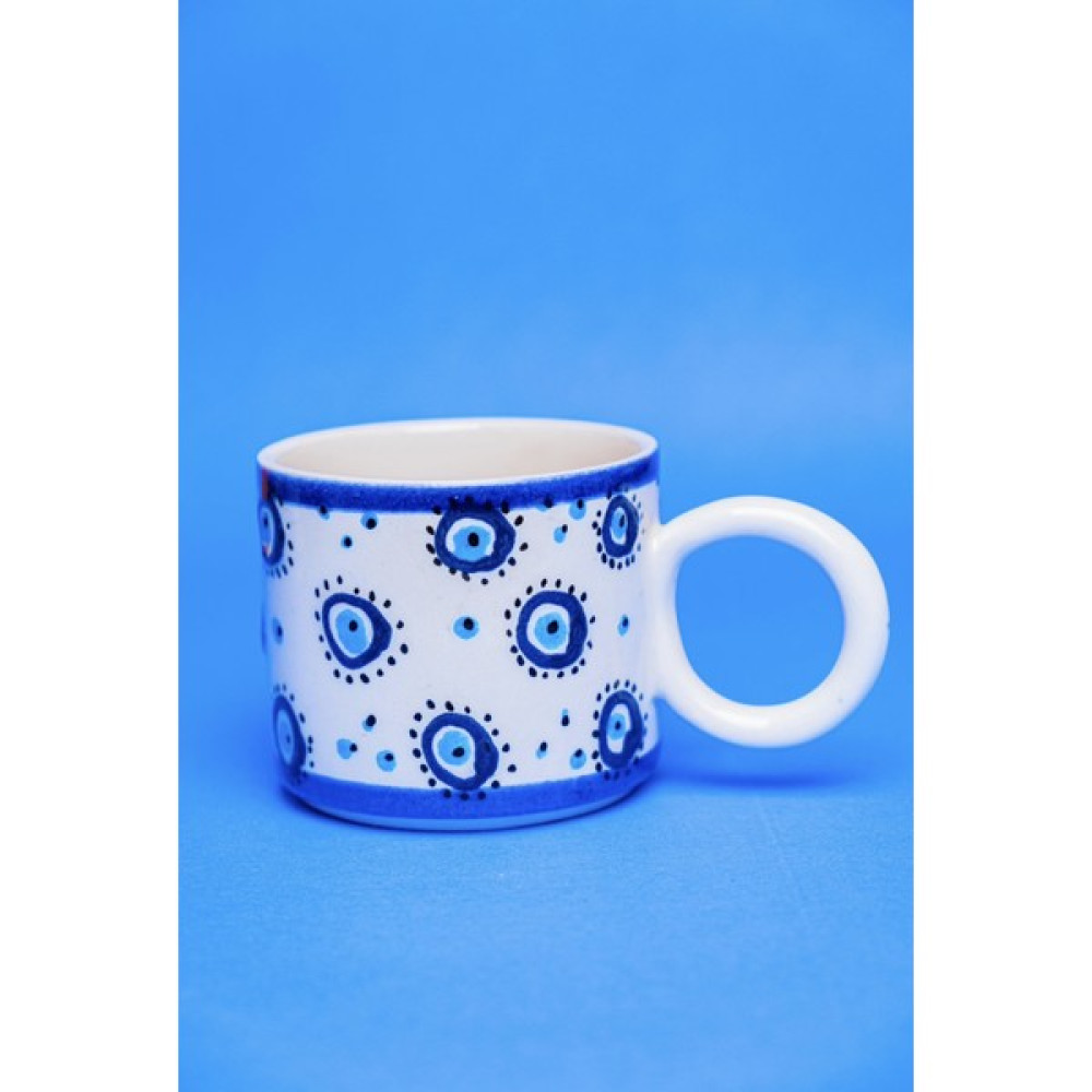 Gezdikçe Bilelim Nazar Bonçukları Desenli Double El Yapımı Seramik Kupa, Seramik Kupa, Mug, Nescafe Kupası, Handmade - 1 Adet - Beyaz - 200 ml Fincan / Bardak / Kahve Takımı Fiyatı