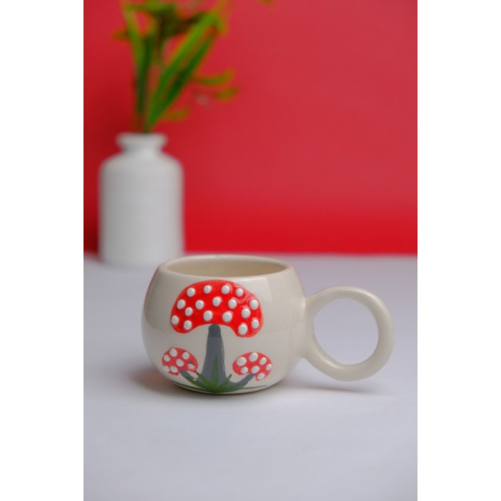 Gezdikçe Bilelim Yuvarlak Mantar Desenli El Yapımı Seramik Kupa, Seramik Kupa, Mug, Nescafe Kupası, Handmade - 1 Adet - Beyaz - 200 ml Fincan / Bardak / Kahve Takımı Fiyatı
