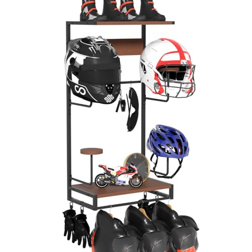 GHWMYD Motorcycle Helmet Holder Wall Mount, Rustic Helmet Rack With 2 Layer Wooden Boards and 4 Hat Stands for Motorcycle Gear Accessories Storage, 4 Clips, 5 Hooks for Glove Key Jacket Hanging