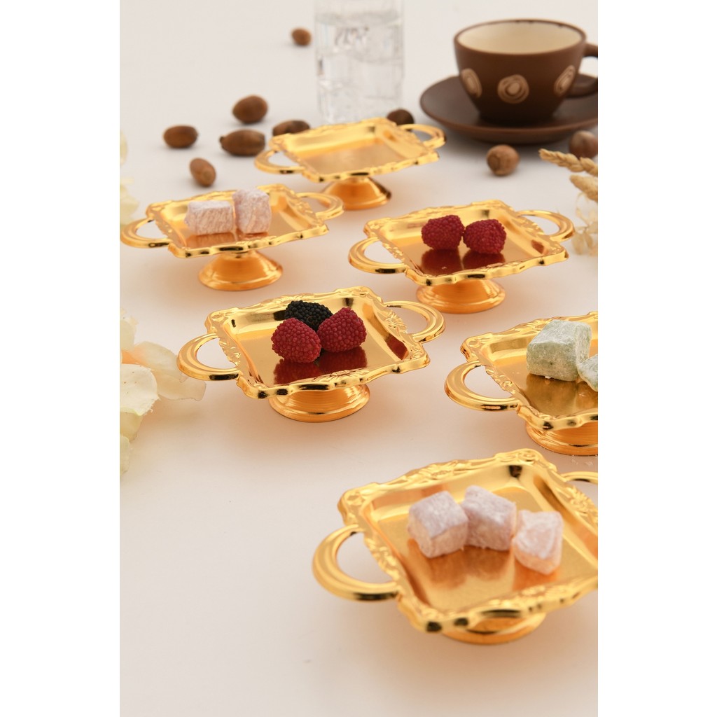 Giallo's Gold 6'lı Set Şekerlik Lokumluk Çerezlik Kahve Yanı Sunumluk Dekoratif Kulplu Kare Kase - 50 ml Diğer Fiyatı