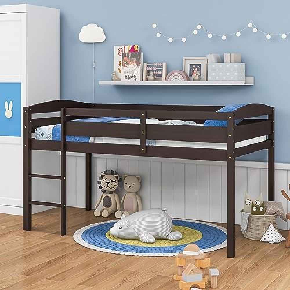 Giantex Twin Loft Bed with Ladder, Wood Low Profile Loft Bed with 30" Clearance & Safety Guard Rails, Space-Saving Loft Bed Frame for Kids Teens Junior, No Box Spring Needed, Kids Bed Frame, Espresso