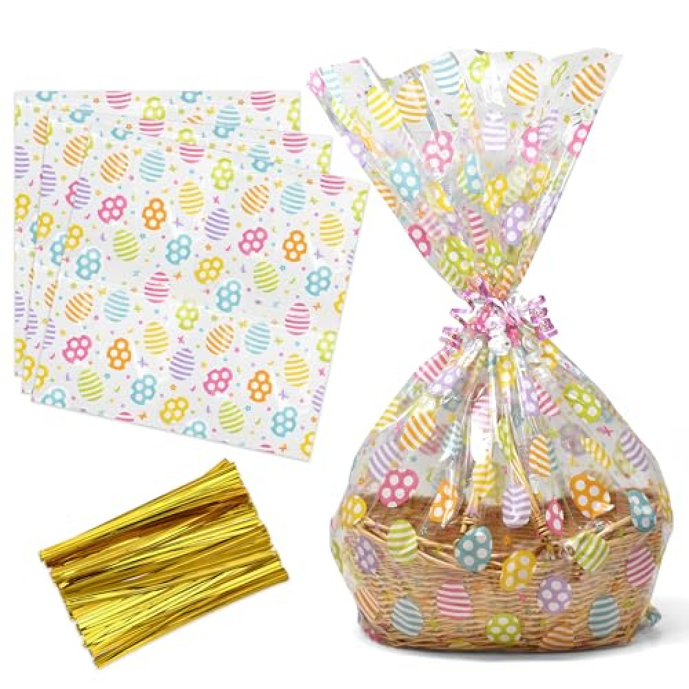 Gift Boutique Plastic Jumbo Easter Cellophane Basket Bags with Twist Ties Pack of 10 Spring Egg Cookie Tray Large Wrap Cello Bag for Holiday Goody Party Favor Decor Gift Wrapping Packaging 24" x 30"