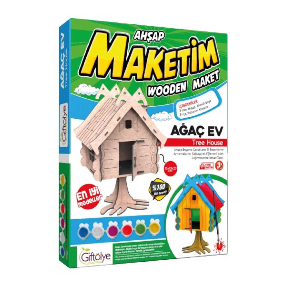 Giftölye Ahşap Ağaç Ev Boyama Maketi Seti (Maket+Boya+Fırça) Maket Fiyatı