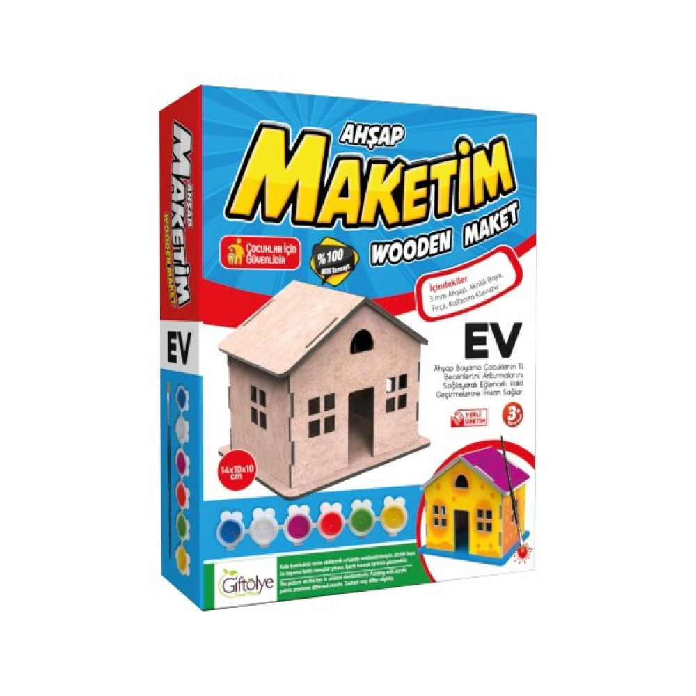 Giftölye Ahşap Sade Ev Boyama Maketi Seti (Maket+Boya+Fırça) Maket Fiyatı