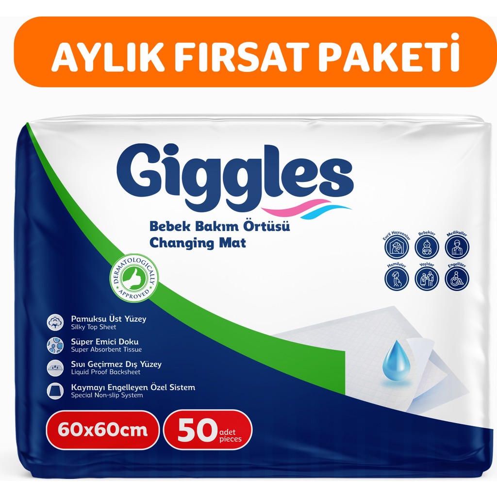 Giggles Bebek Bakım Örtüsü 60x60 Alt Açma Bezi 50 Adet Bebek Alt Açma Minderi Fiyatı