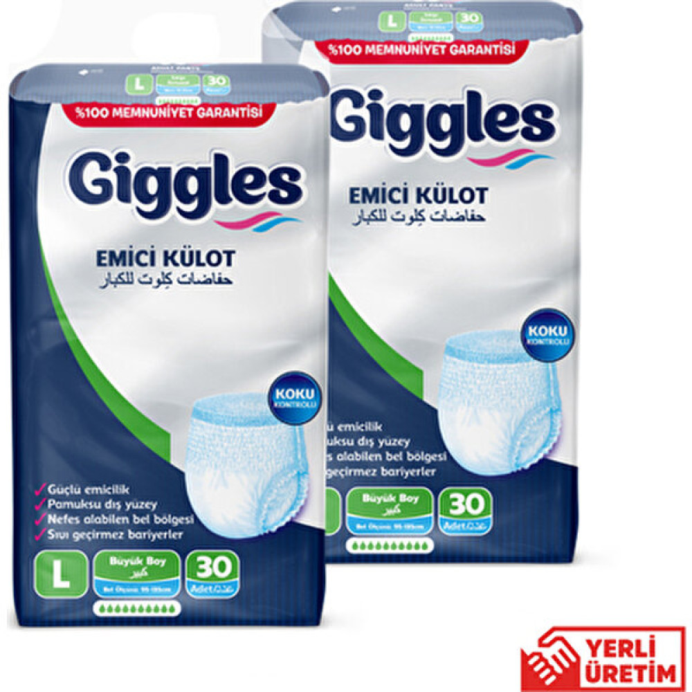 Giggles Yetişkin Emici Külot Bez Büyük Boy (Large) 30'lu 2 Paket (60 Adet) Bel Boy 100-150 Cm Hasta Bezleri ve Temizliği Fiyatı
