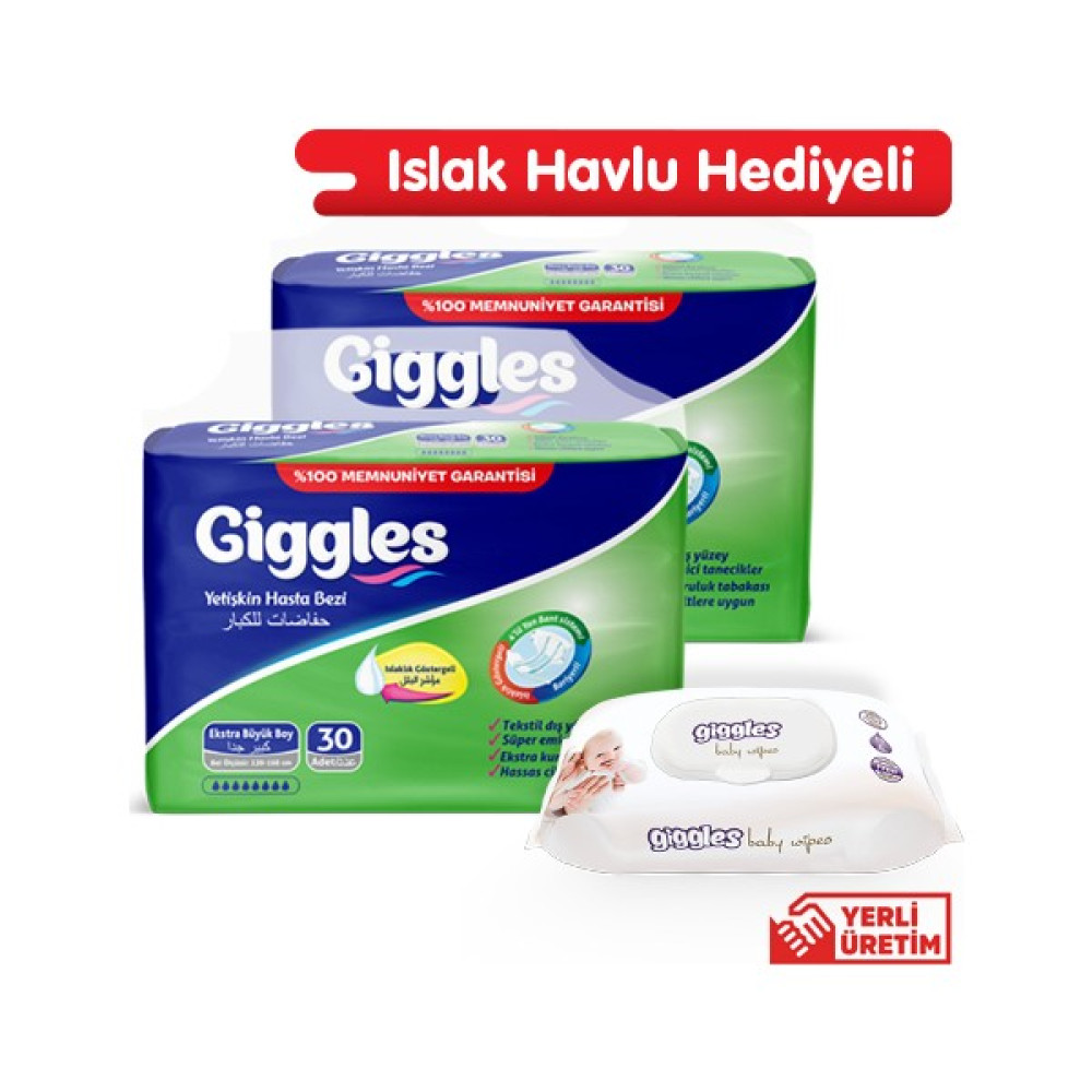 Giggles Yetişkin Hasta Bezi Extra Large 2 Paket (60 Adet)+ Islak Havlu Hediyeli Hasta Bezleri ve Temizliği Fiyatı
