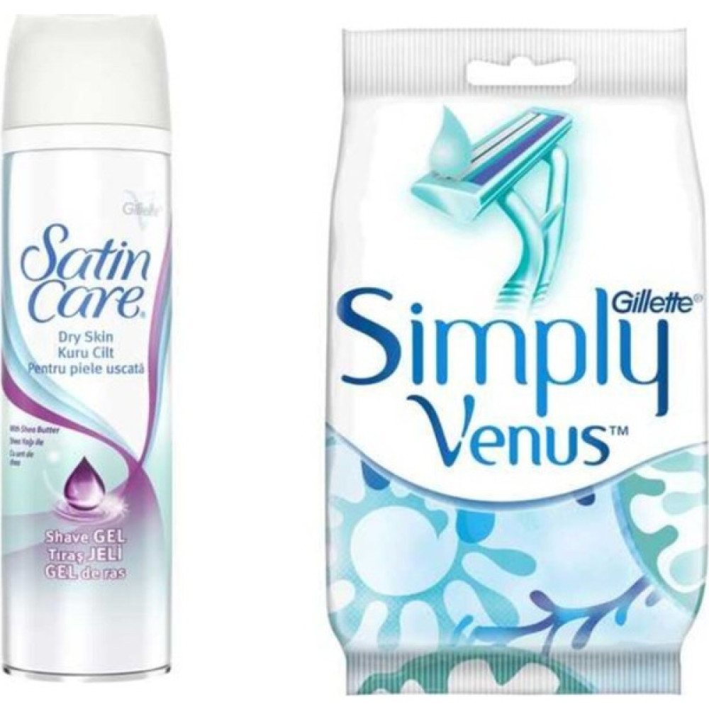 Gillette Venus Satin Care Tıraş Jeli Kuru Ciltler 200 Ml+ Simply Venus 2 Tıraş Bıçağı 4'lü Tıraş Jelleri / Köpükleri / Kremleri Fiyatı