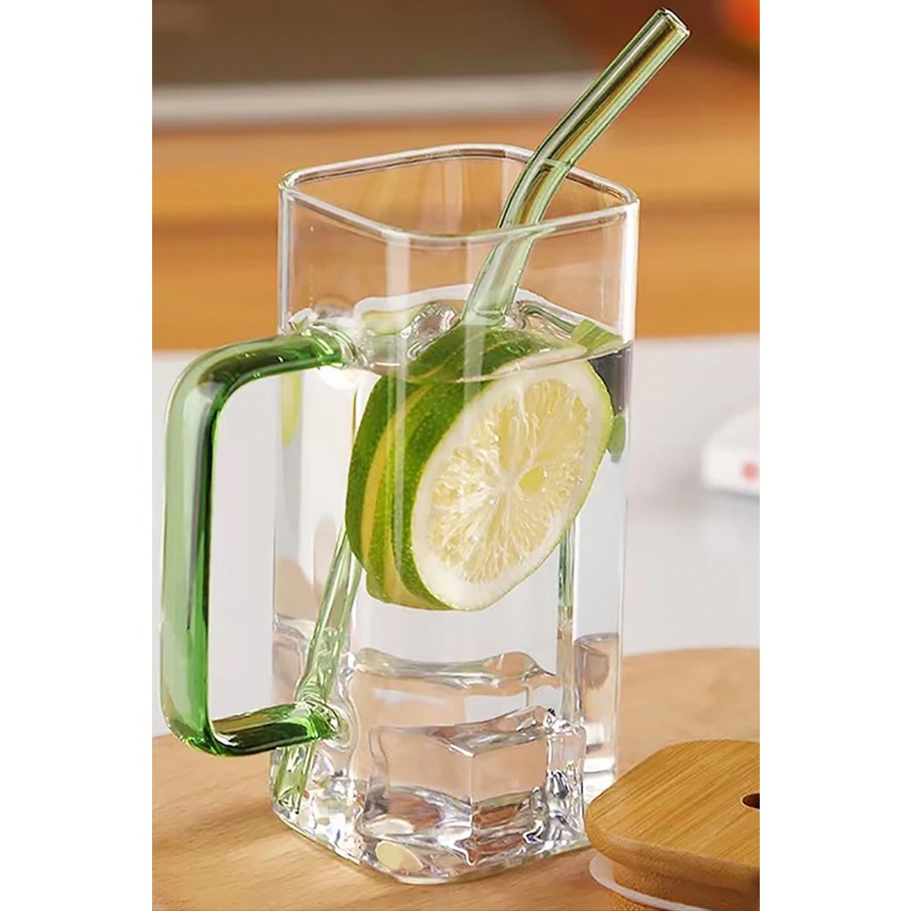Gilli Store Bambu Kapaklı Borosilikat Renkli Pipetli Cam Bardak Kahve Sunum Isıya Dayanıklı 350ML - 1 Adet Fincan / Bardak / Kahve Takımı Fiyatı