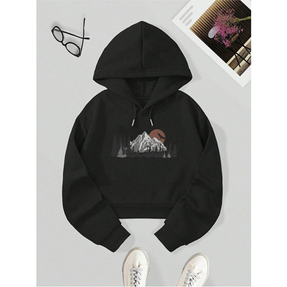 Ginevra Kadın Mountain Baskılı Kapüşonlu Crop Içi Polarlı Oversize Sweatshirt Bayan Sweatshirt Fiyatı