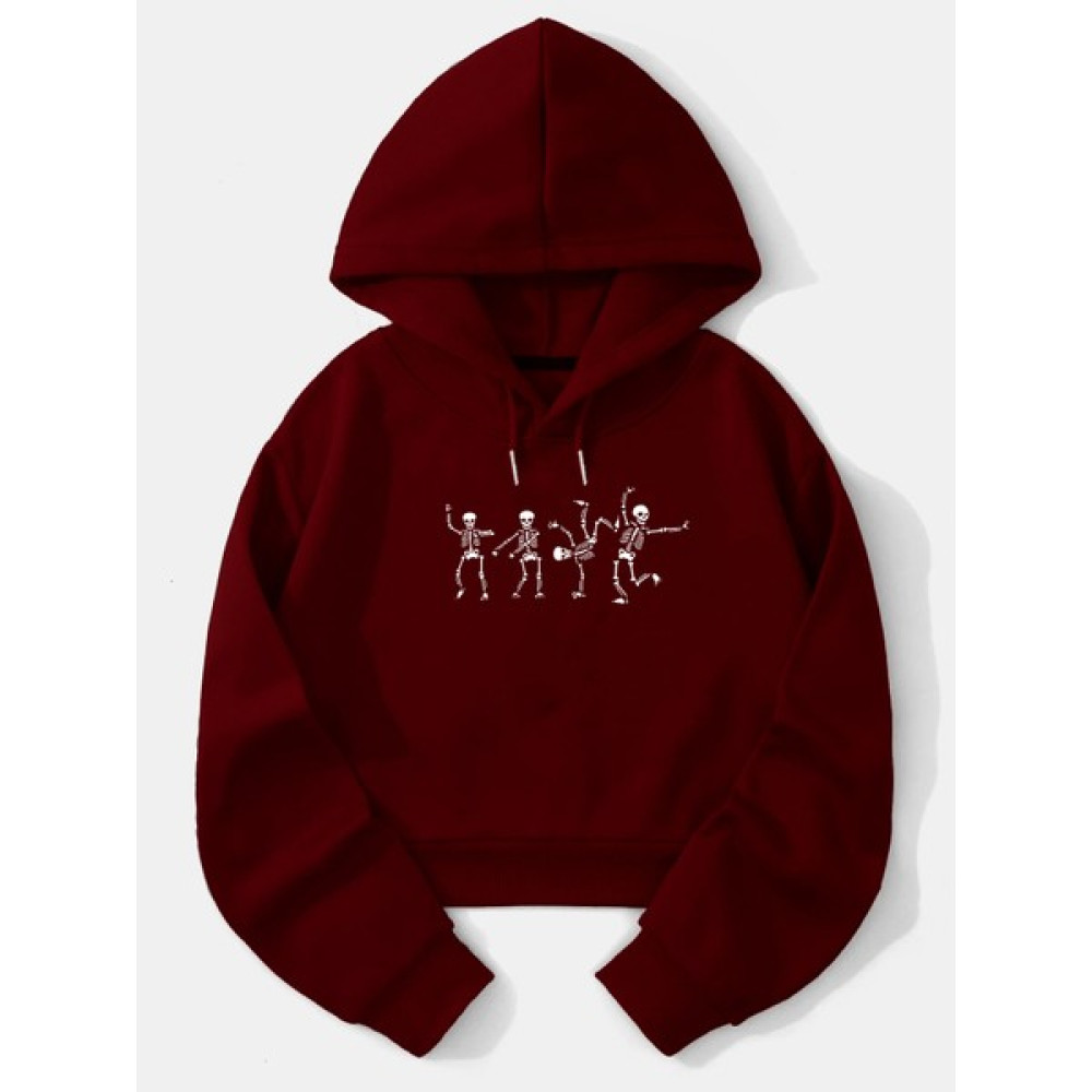 Ginevra Kadın Skeleton Baskılı Kapüşonlu Crop Içi Polarlı Oversize Sweatshirt Bayan Sweatshirt Fiyatı