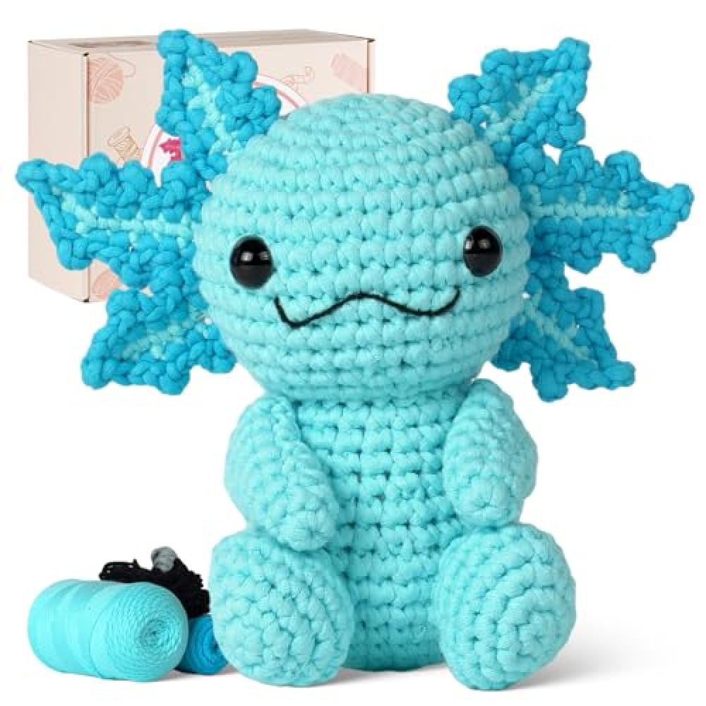 Gipony Crochet Kit for Beginners, Crochet Animal Kits,Crocheting Kit for Starters with Step-by-Step Video Tutorials, Beginner Crochet Kit for Adults (1Pack Blue Axolotl)