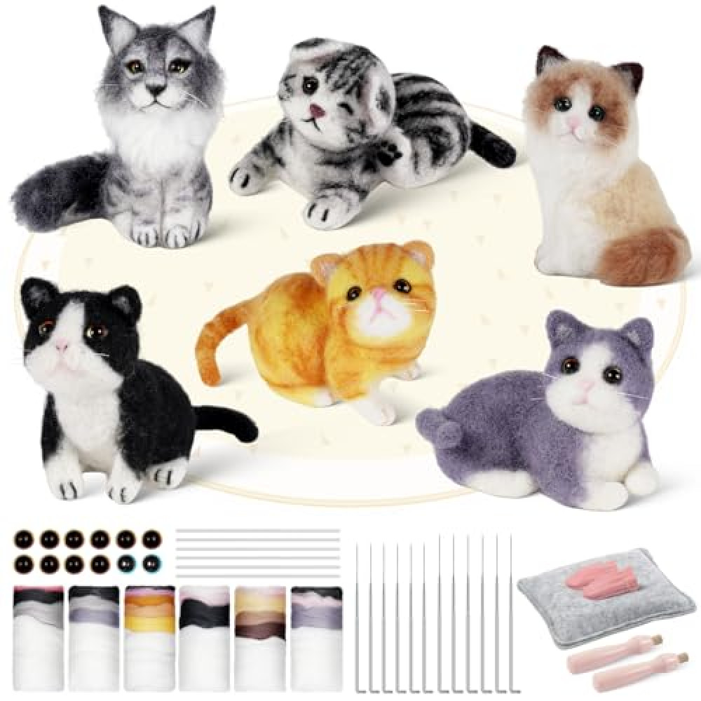 Gipony Needle Felting Kit, 6 PCS Farm Animal Needle Felting Beginner Kits, Wool Felt Needle Felting Tools Foam Pad, Craft Party Supplies for Beginners Adult(Cat Family)