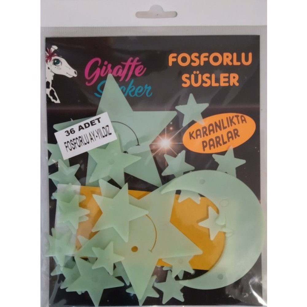 Giraffe 36'lı Karanlıkta Parlayan Fosforlu Süsler - Ay ve Yıldızlar - Ay Yıldız Bebek Odası Duvar Süsü Fiyatı