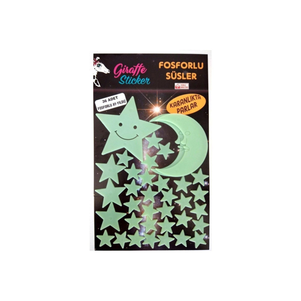 Giraffe Sticker Yeşil Karanlıkta Parlayan Fosforlu Ay ve Yıldız Tasarımlı Dekoratif Sticker 36 Adet 50 x 100 Beden Duvar Stickerı Fiyatı