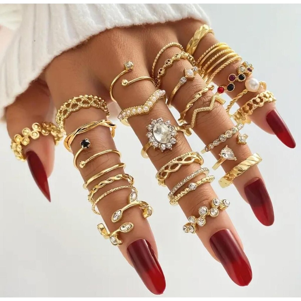 Girift Vintage Binae Boho Tarzı Çoklu Taşlı Renkli Yüzük Seti - Gold Diğer Fiyatı