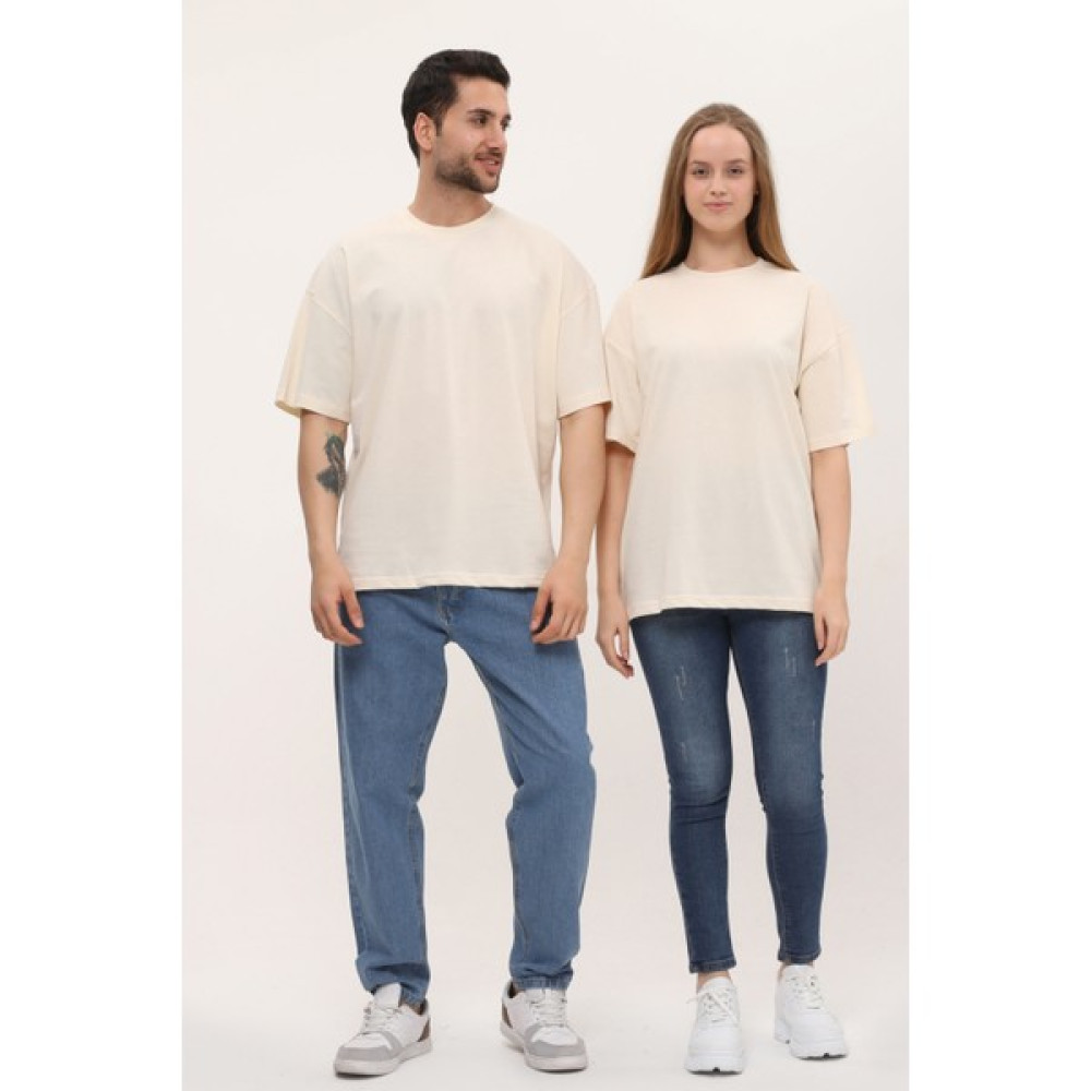 giyadda Unisex Açık Ekru Oversize Bol Kalıp Basic T-Shirt (SEVGİLİ ÇİFT KOMBİNİ TAVSİYESİ) Erkek T-shirt Fiyatı