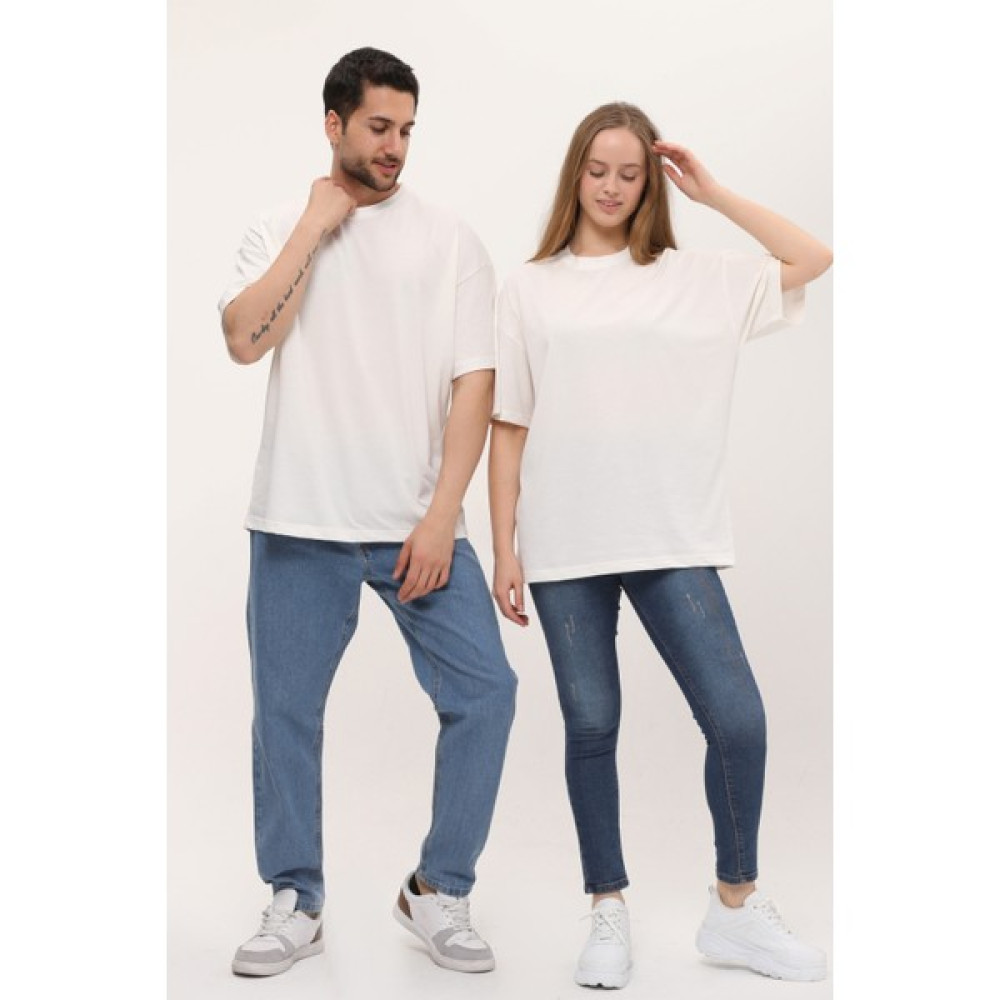 giyadda Unisex Kırık Beyaz Oversize Bol Kalıp Basic T-Shirt (Sevgili Çift Kombini Tavsiyesi) Erkek T-shirt Fiyatı