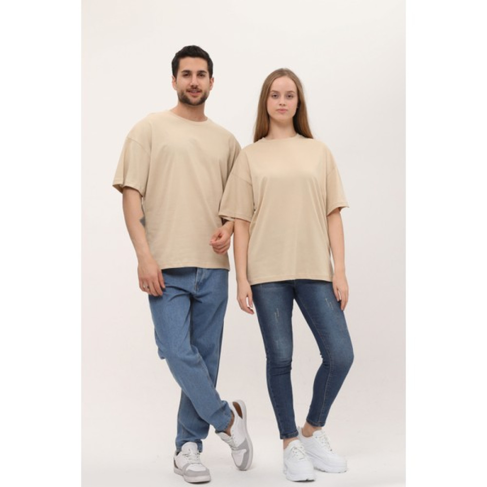 giyadda Unisex Krem Oversize Bol Kalıp Basic T-Shirt (Sevgili Çift Kombini Tavsiyesi) Erkek T-shirt Fiyatı