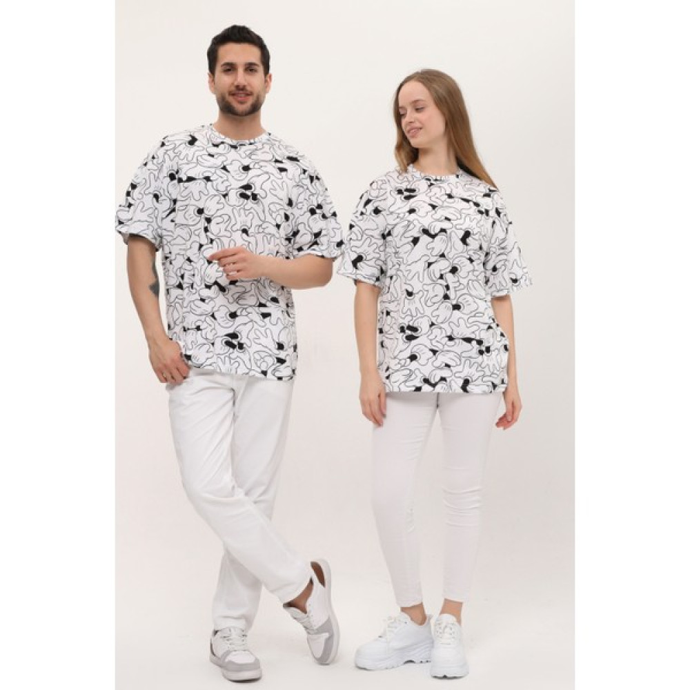giyadda Unisex Siyah Beyaz Desenli Oversize Bol Kalıp Basic T-Shirt (Sevgili Çift Kombini Tavsiyesi) Erkek T-shirt Fiyatı