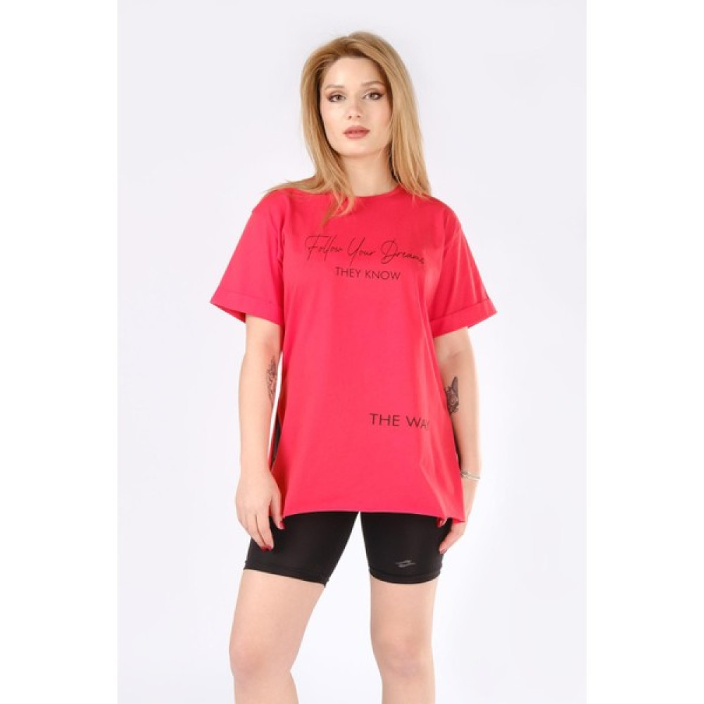 Giyim Dünyası Kadın Baskılı Yan Yırtmaçlı Oversize T-Shirt Kırmızı Bayan T-shirt Fiyatı