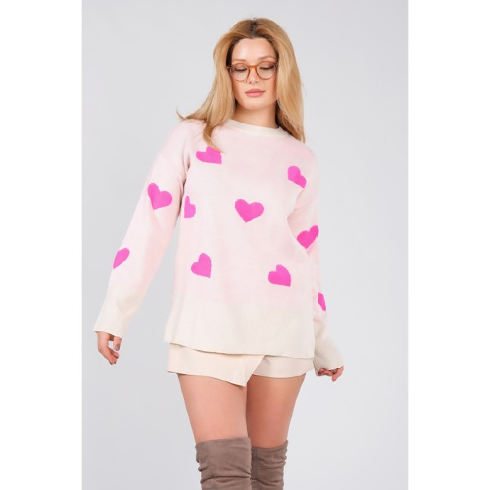 Giyim Dünyası Kadın Oversize Kalp Desen Triko Kazak Pembe Bayan Kazak & Süveter & Triko Fiyatı