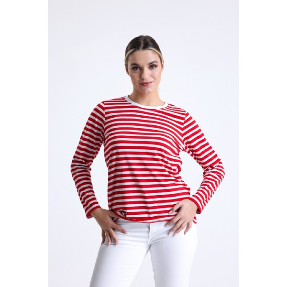 Giyoon Kadın Kırmızı-Beyaz Çizgili Regularbisiklet Yaka Örme T-Shirt Bayan T-shirt Fiyatı