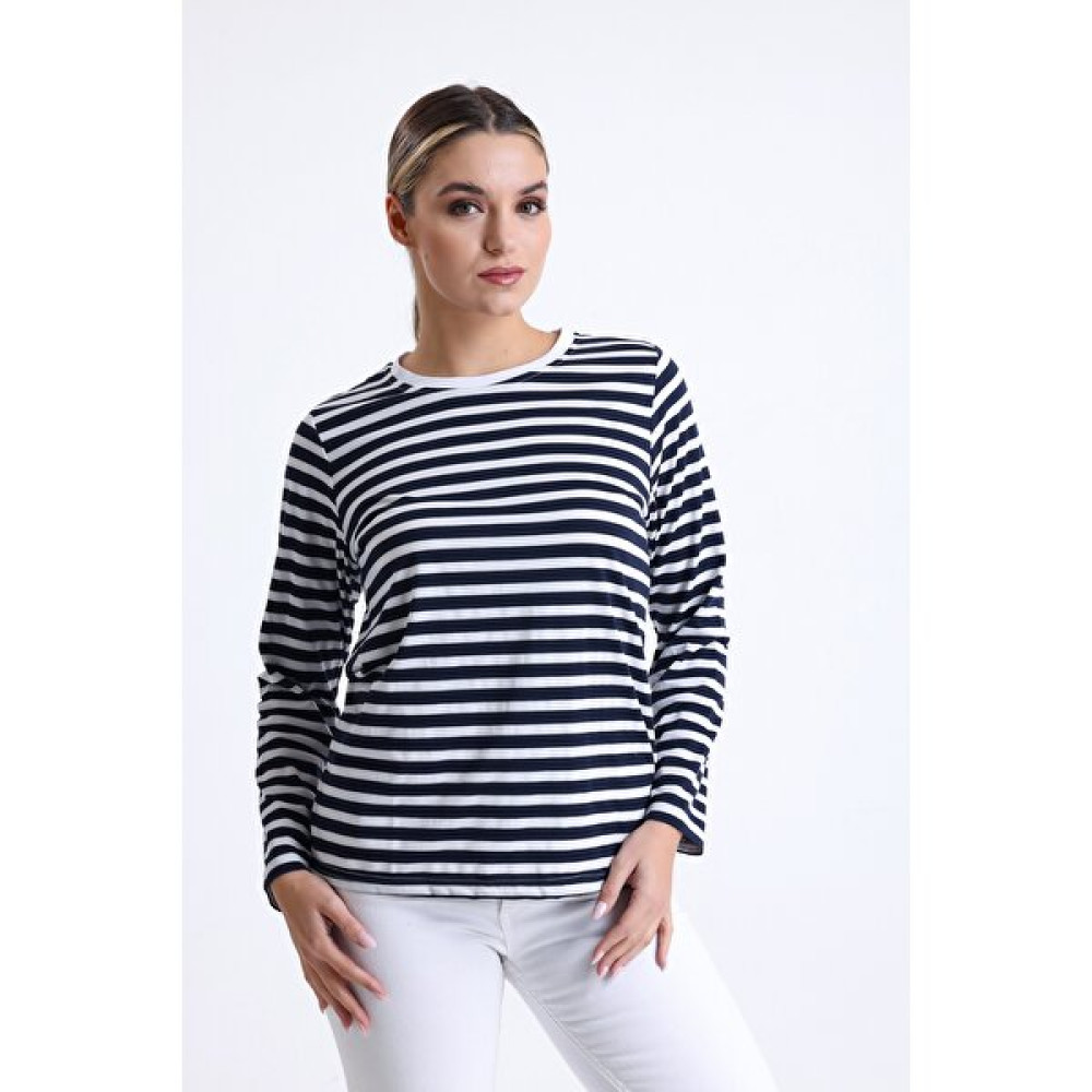Giyoon Kadın Lacivert-Beyaz Çizgili Regular/normal Kalıp Basic Bisiklet Yaka Örme T-Shirt Bayan T-shirt Fiyatı