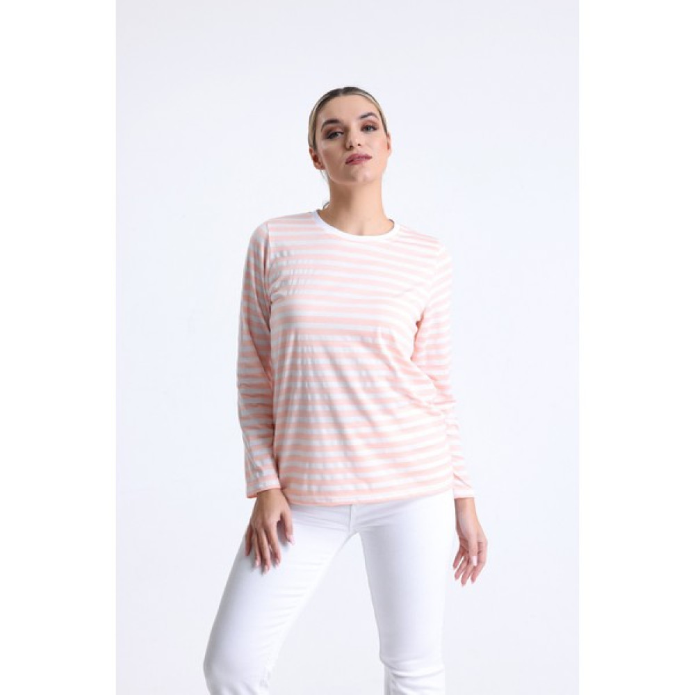 Giyoon Kadın Pudra-Beyaz Çizgili Regular/normal Kalıp Basic Bisiklet Yaka Örme T-Shirt Bayan T-shirt Fiyatı