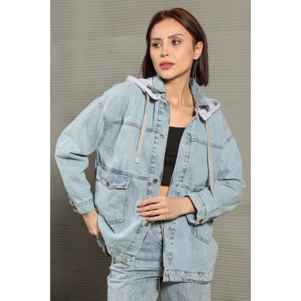 Giysa Mavi Kar Kadın Çıtçıtlı Arkası Baskılı Oversize Kapüşonlu Jean Ceket Bayan Ceket Fiyatı