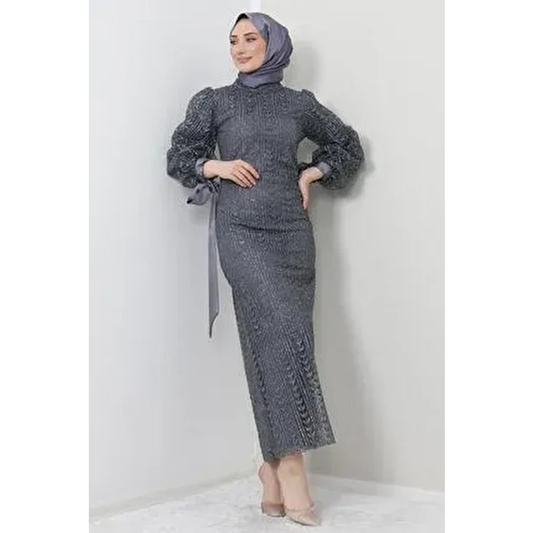 Giza Giyim Koyu Gri İnci Tesettür Abiye Uzun Kol Dik Yaka Düz Desenli Polyester Giyim & İç Giyim Fiyatı