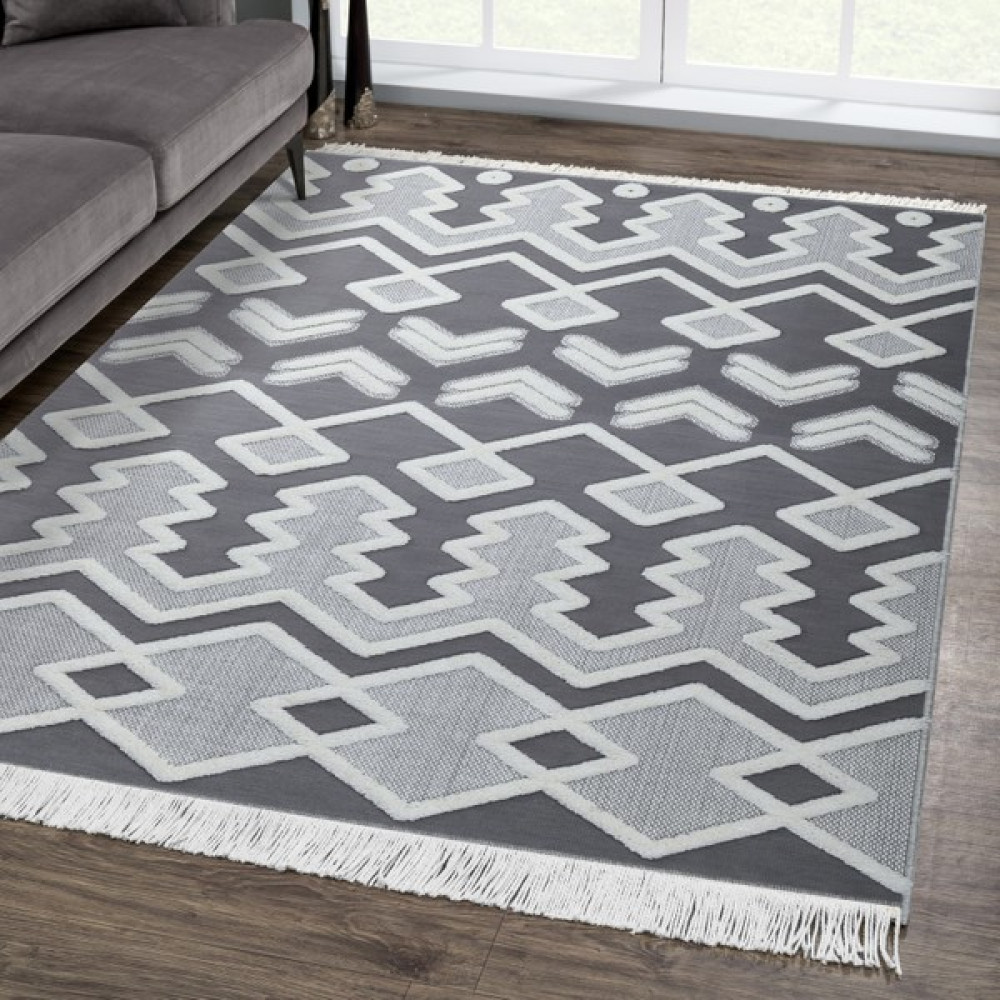 Giza Home Madu İskandinav Tarz Saçaklı Gri Dokuma Salon ve Oturma Odası Halısı 1184-RN66 80x150 - 80 x 150 cm - Antrasit - Gri Salon Halısı Fiyatı