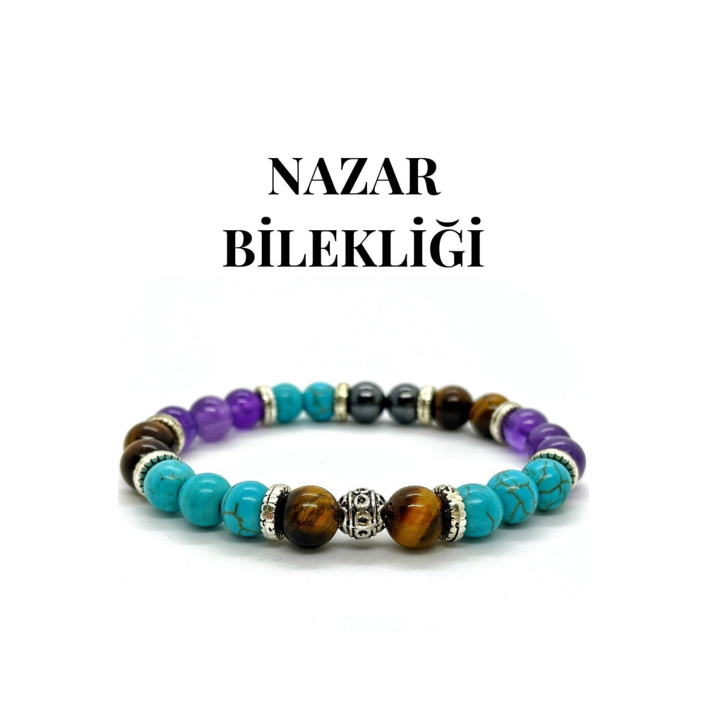 GK DOĞALTAŞ Doğaltaş - Nazar Bilekliği - Turkuaz - Kaplan Gözü - Ametist - Hematit - Unisex 19 cm Beden Bijuteri Bilezik Fiyatı