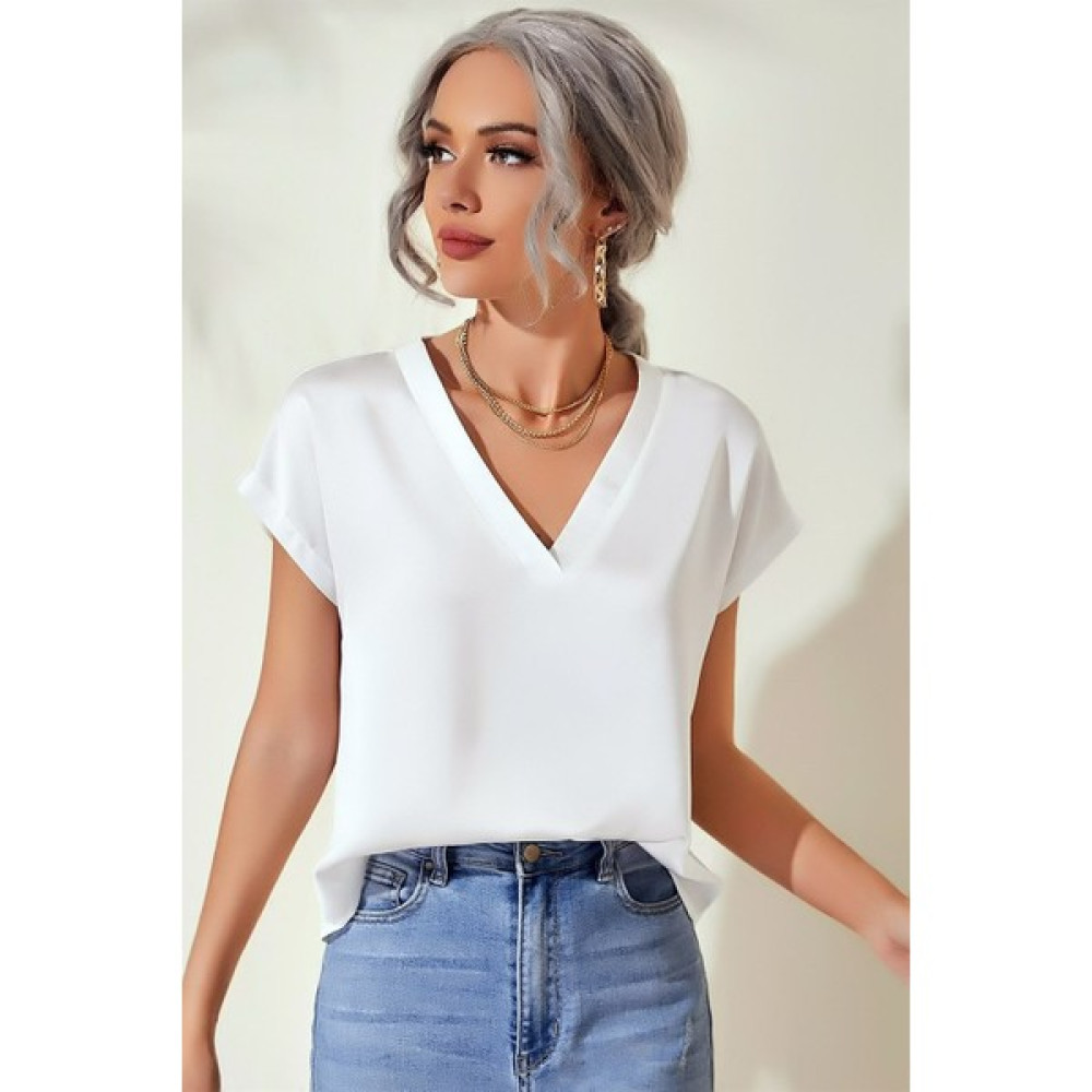 Glamify Fashion V Yaka Kısa Tırnak Kol Standart Rahat Kesim Şık ve Cool Saten Bluz Bluz Fiyatı