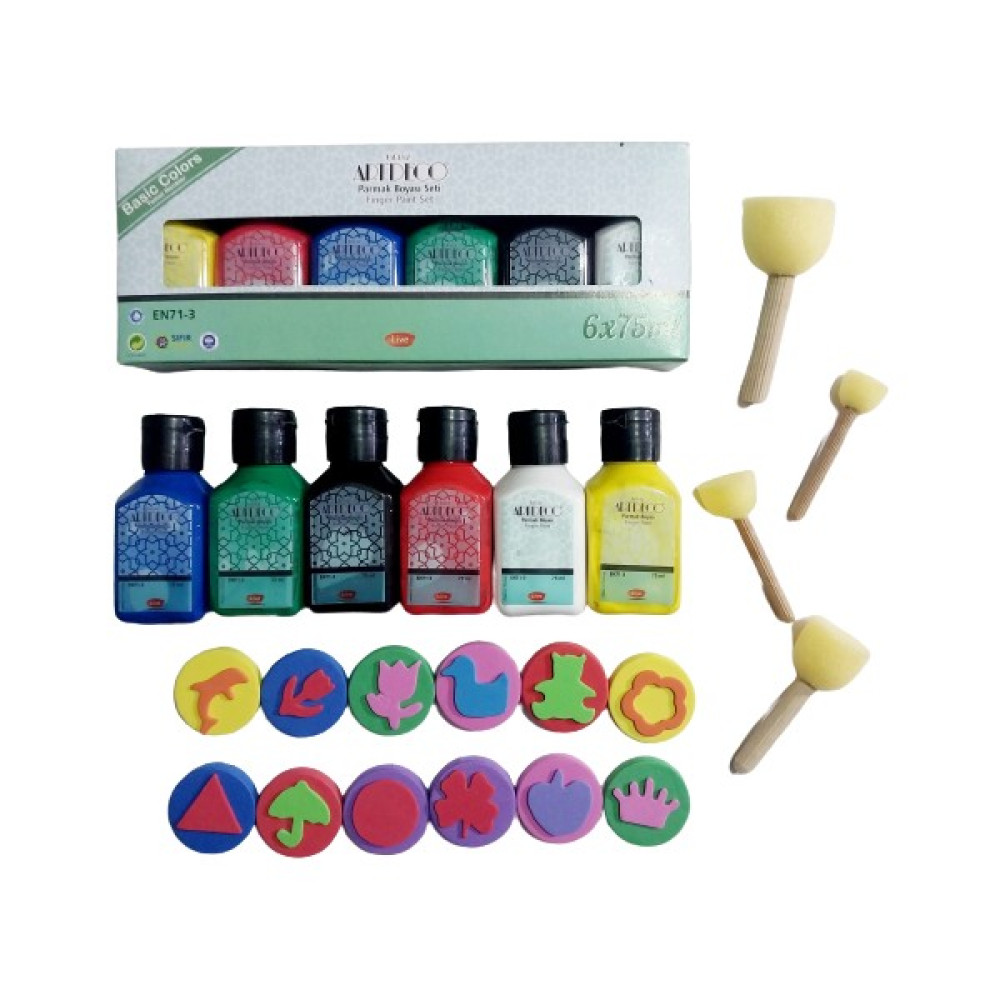 Glanart Çocuklar Için 6 x 75 ml Artdeco Parmak Boyası Ponpon Fırçalı Sünger Baskılı Set Kalıplı Set 22 Parça - Çok Renkli Sanatsal Malzemeler Fiyatı