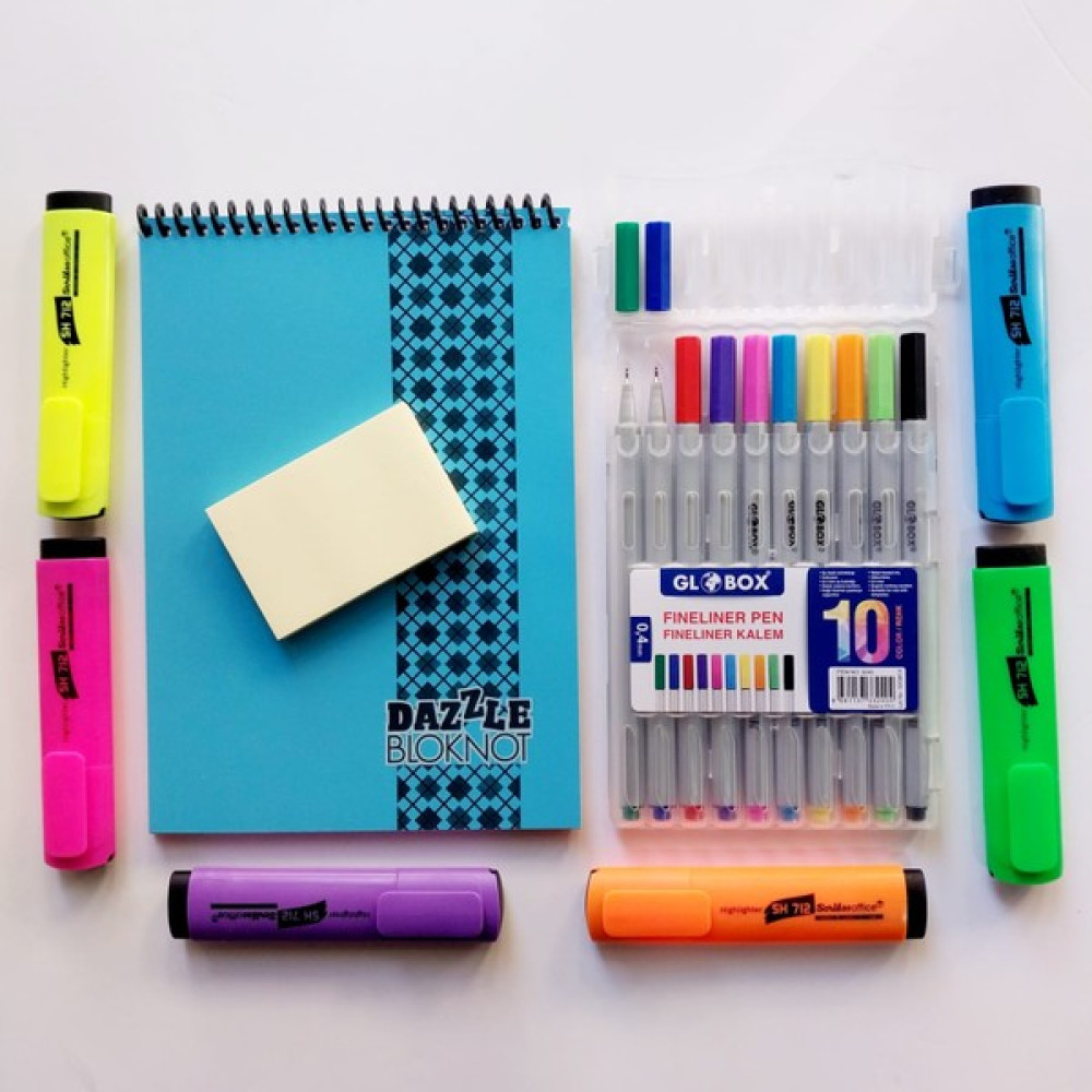 Glanart Neon Renkler Fosforlu Kalem Seti + Fineliner Kalem Seti + Postit ve Bloknot Kırtasiye Seti Fosforlu Kalem Fiyatı