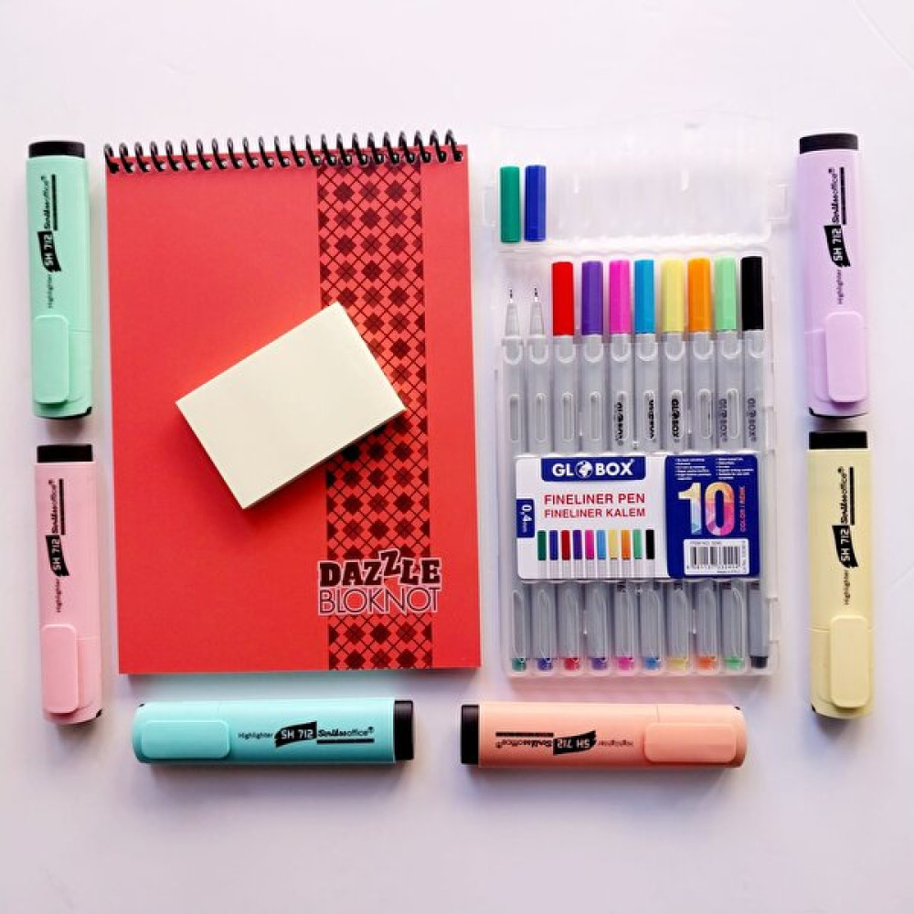 Glanart Pastel Tonlar Fosforlu Kalem Seti + Fineliner Kalem Seti + Postit ve Bloknot Kırtasiye Seti Fosforlu Kalem Fiyatı