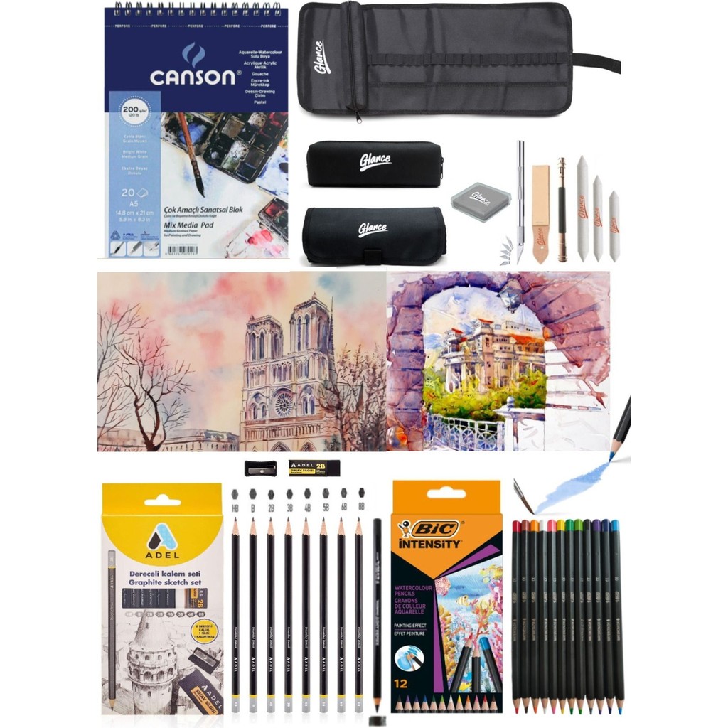 Glance Canson Defter A5 200 gr Adel Dereceli Kalem Seti 8'li Bic Aquarelle Kuru-Suluboya Kalemi 12 Renk Defter & Kağıt Ürünleri Fiyatı