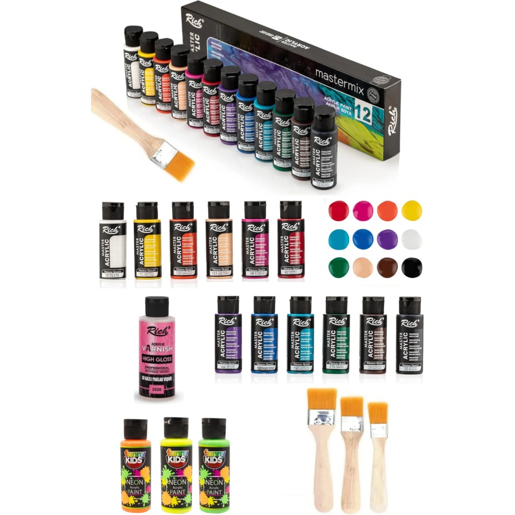 Glance Mastermix 12X60CC Akrilik Boya + 3 Adet Funny Kıds Akrilik Neon Boya 60 cc Vernik Fırça Set Akrilik Boya Fiyatı