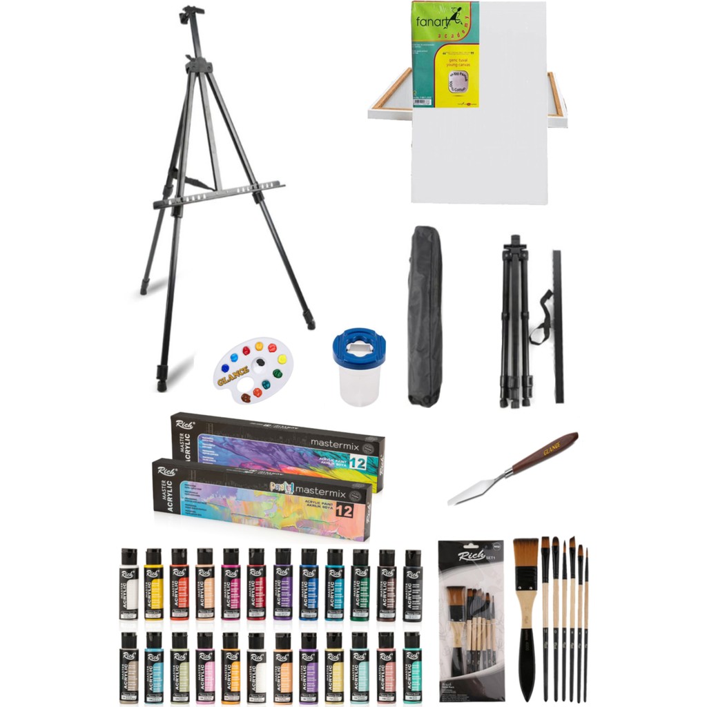 Glance Rich Mastermix Akrilik Boya 12'li Canlı-Pastel 60 cc ve Portatif Metal Şövale Seti Akrilik Boya Fiyatı