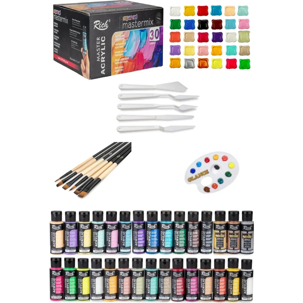 Glance Rich Mastermix Akrilik Boya 60 cc Süper Set 30 +Boya Sanat Seti Fırça Akrilik Boya Fiyatı