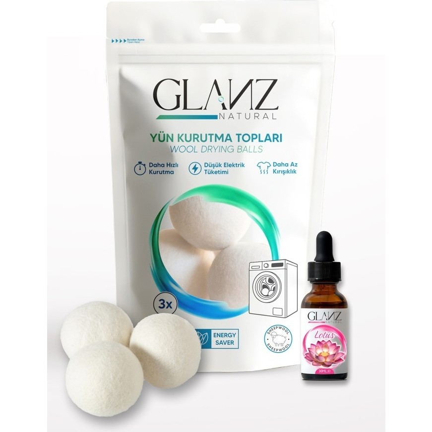 Glanz 3 Adet Yün Keçe Çamaşır Kurutma Topu 7 - 8 cm + 30ML Esans Koku Hediye - Doğal Ürün Diğer Fiyatı
