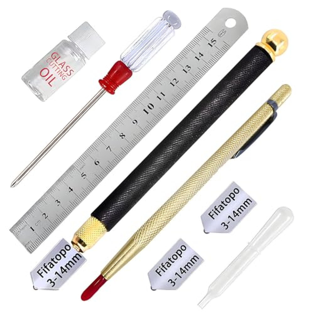 Glass Cutter 3mm-14mm, Glass Cutting Tool with Glass Cutting Oil,Aotomatic Oil Feed, Carbide Tip Scriber,Steel Ruler,3 Pencil Style Oil Feed Carbide Tip, for Mirrors/Tiles/Mosaic