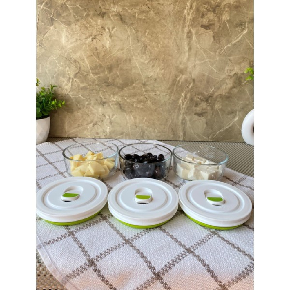 Glassycook 3'lü Set Vakumlu Cam Saklama Kabı Yuvarlak 400ML Beyaz/yeşil Saklama Kapları Fiyatı