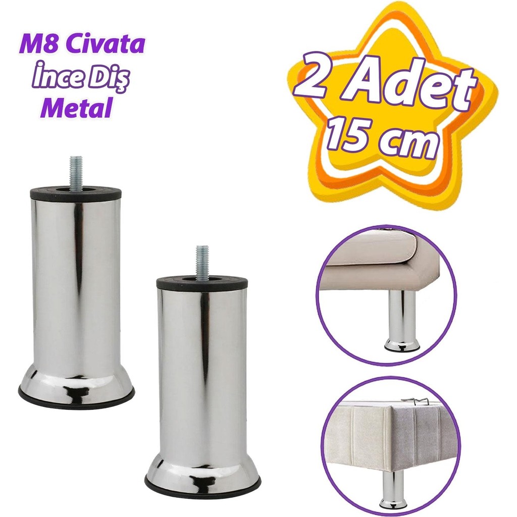 Glaswen 2 Adet Metal Destek Ayağı 15 cm Krom Mobilya Kanepe Baza Koltuk Ünite Ayakları Metrik 8 Civatalı Ince Diş Koltuk Fiyatı