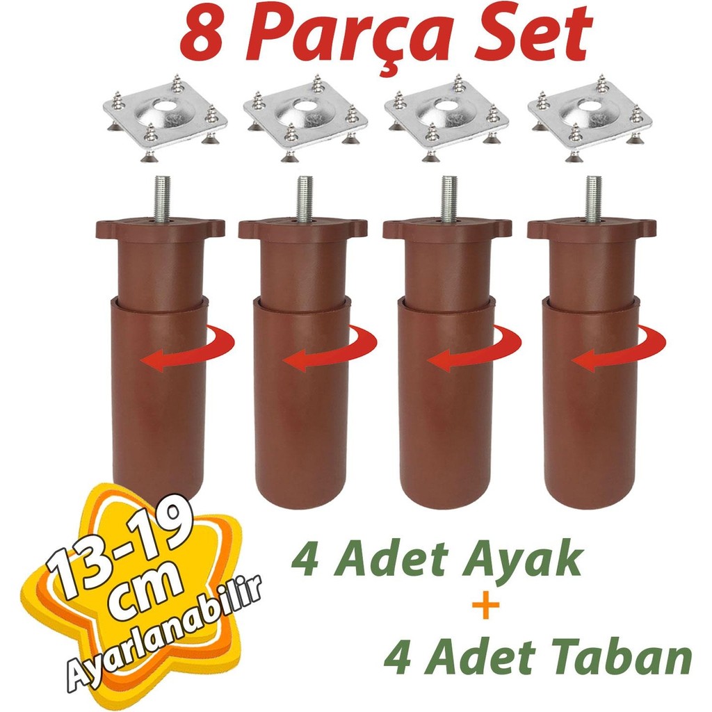 Glaswen 4 Adet Destek Ayağı 13-19 cm Kahverengi ve 4 Adet Metal Düz Ayak Tabanı M8 Civatalı Ince Diş Mobilya Kanepe Baza Koltuk Seti Koltuk Fiyatı