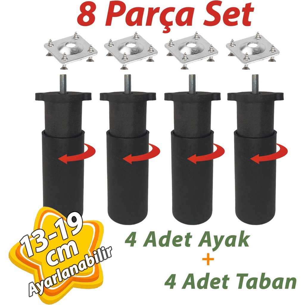 Glaswen 4 Adet Destek Ayağı 13-19 cm Siyah ve 4 Adet Metal Düz Ayak Tabanı M8 Civatalı Ince Diş Mobilya Kanepe Baza Koltuk Seti Koltuk Fiyatı