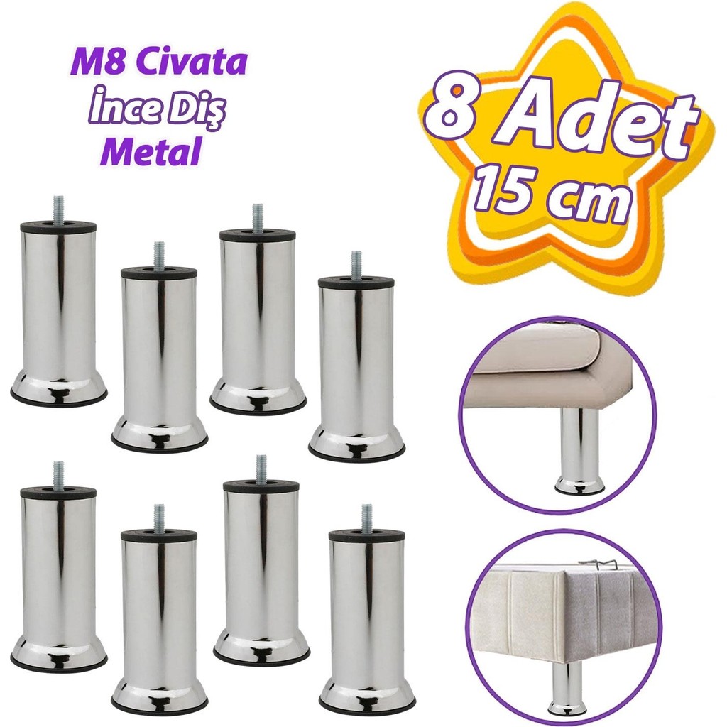 Glaswen 8 Adet Metal Destek Ayağı 15 cm Krom Mobilya Kanepe Baza Koltuk Ünite Ayakları Metrik 8 Civatalı Ince Diş Koltuk Fiyatı