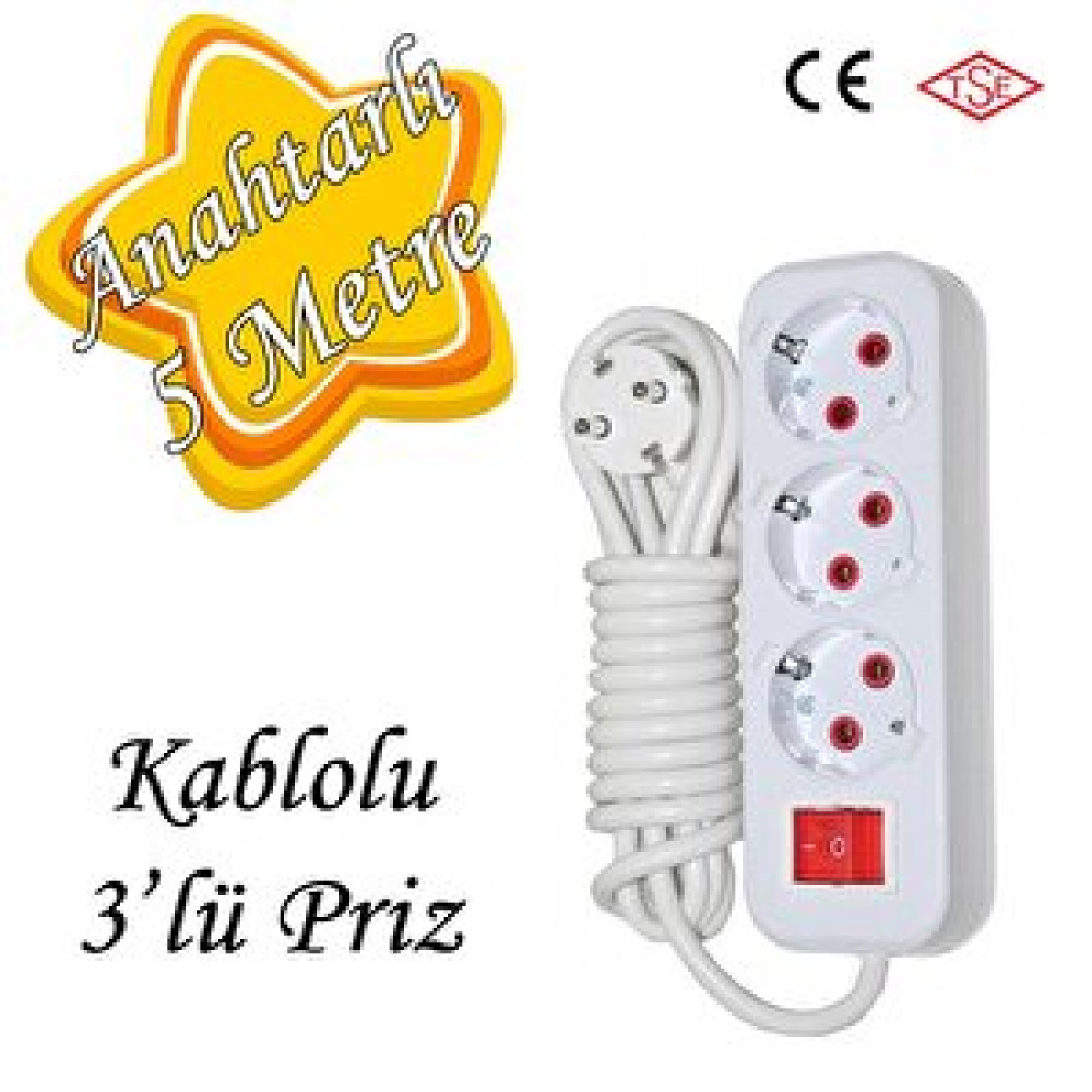 GLASWEN Anahtarlı Kablolu 3 Lü Topraklı Çoklu Grup Priz Çoğaltma Üçlü Fiş Piriz 5 Metre Prizler Fiyatı