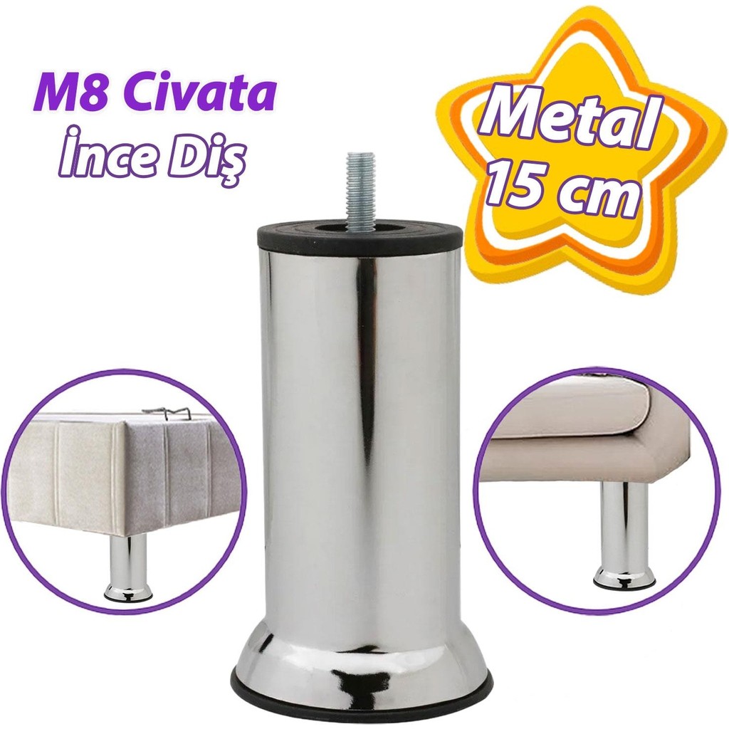 Glaswen Metal Destek Ayağı 15 cm Krom Mobilya Kanepe Baza Koltuk Ünite Ayakları Metrik 8 Civatalı Ince Diş Koltuk Fiyatı